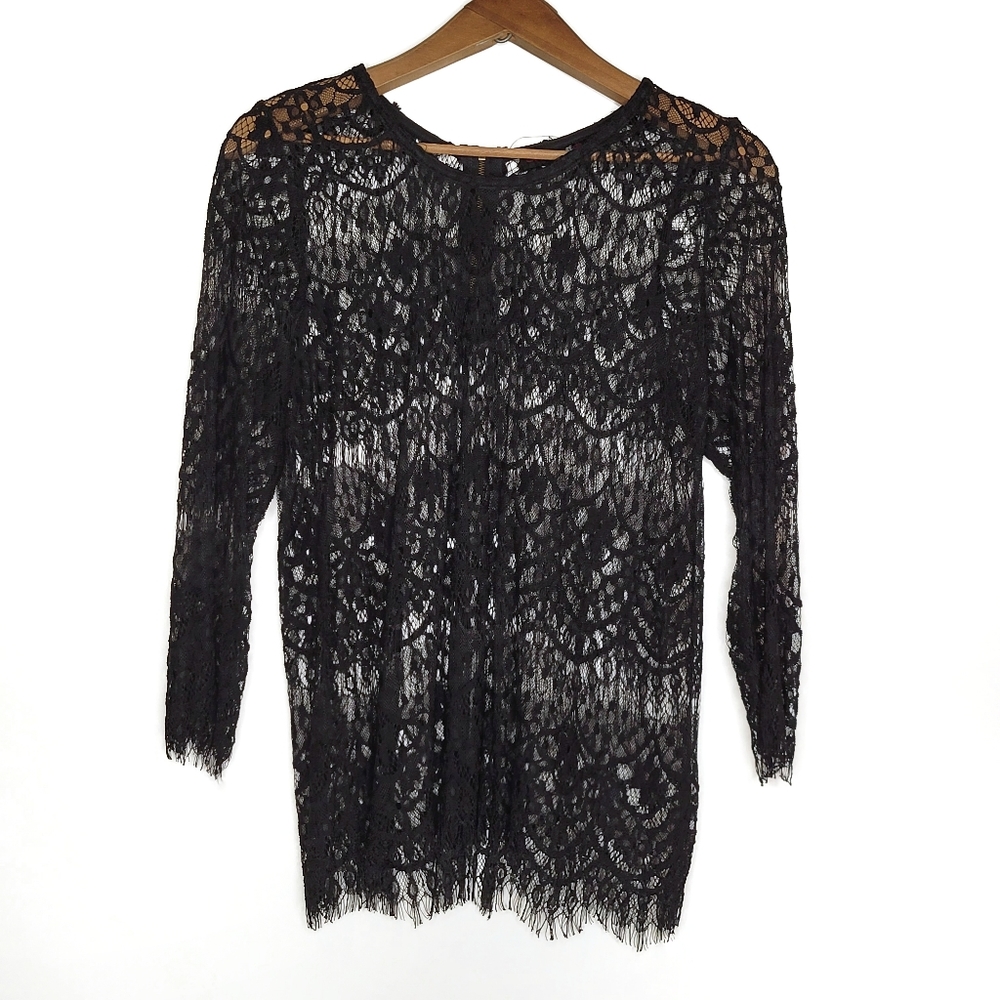 Lace Blouse Top 3/4 Sleeves Eyelash Lace Medium Black